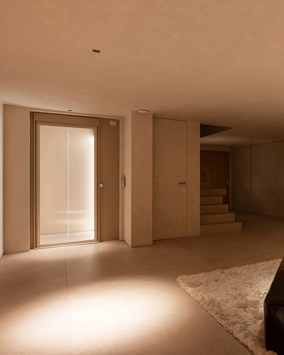 Ascensor Aritco HomeLift de cristal y paneles en champagne · Vivienda unifamiliar con DesignWall personalizado en Madrid · vista general