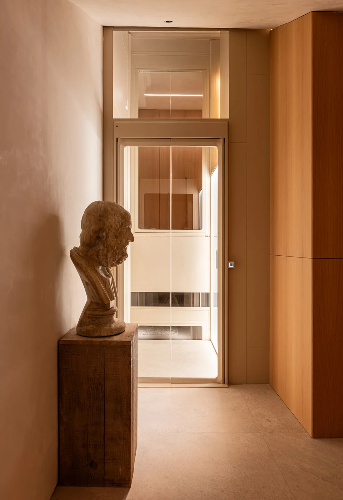 Ascensor Aritco HomeLift de cristal y paneles en champagne · Vivienda unifamiliar con DesignWall personalizado en Madrid · vista general