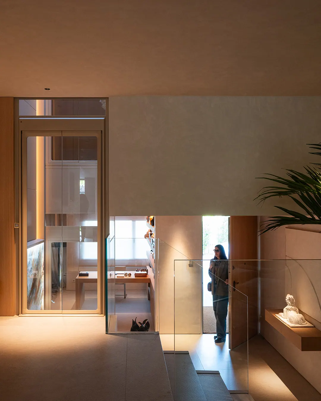 Ascensor Aritco HomeLift de cristal y paneles en champagne · Vivienda unifamiliar con DesignWall personalizado en Madrid · vista general