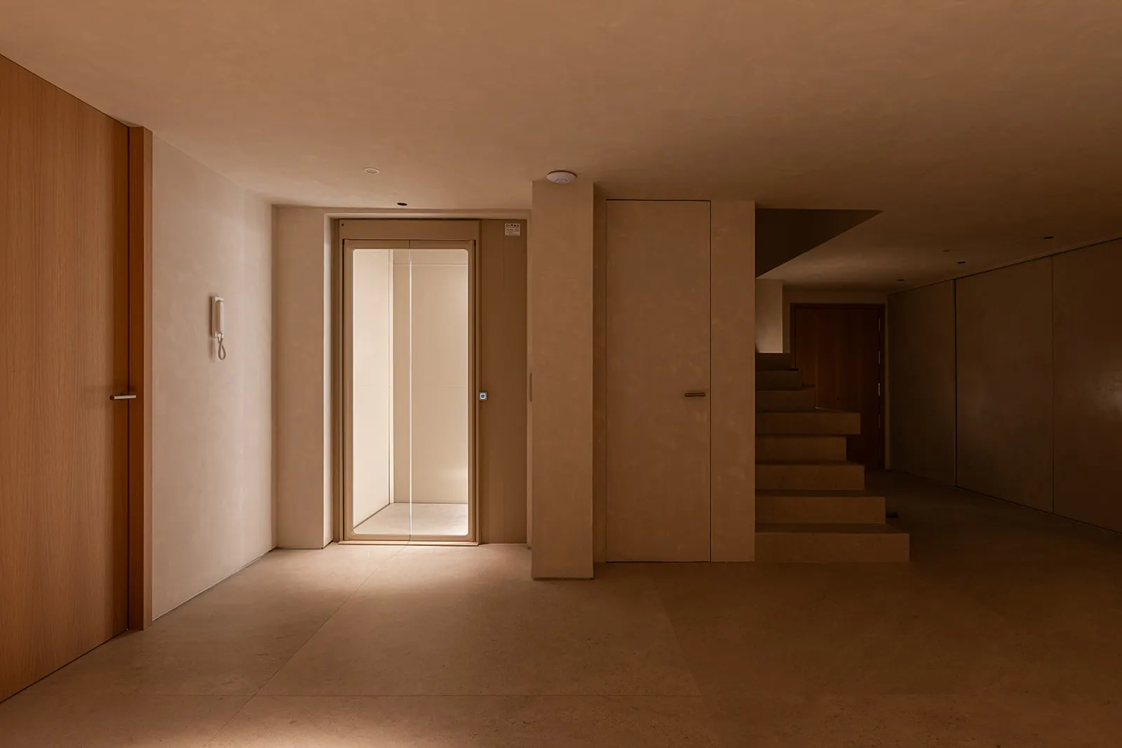 Ascensor Aritco HomeLift de cristal y paneles en champagne · Vivienda unifamiliar con DesignWall personalizado en Madrid · vista general