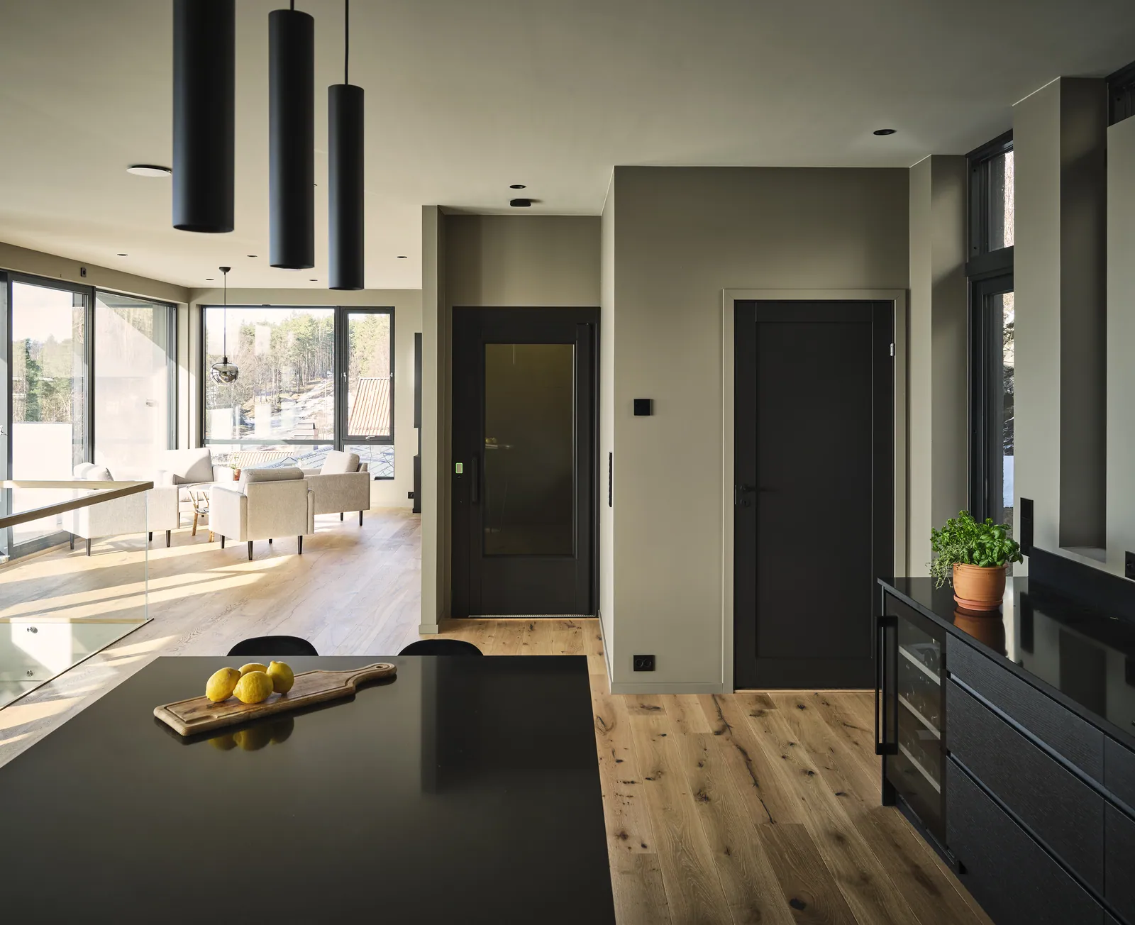 Ascensor Aritco HomeLift Access de paneles opacos en negro · Vivienda unifamiliar contemporánea con suelos de roble · vista general