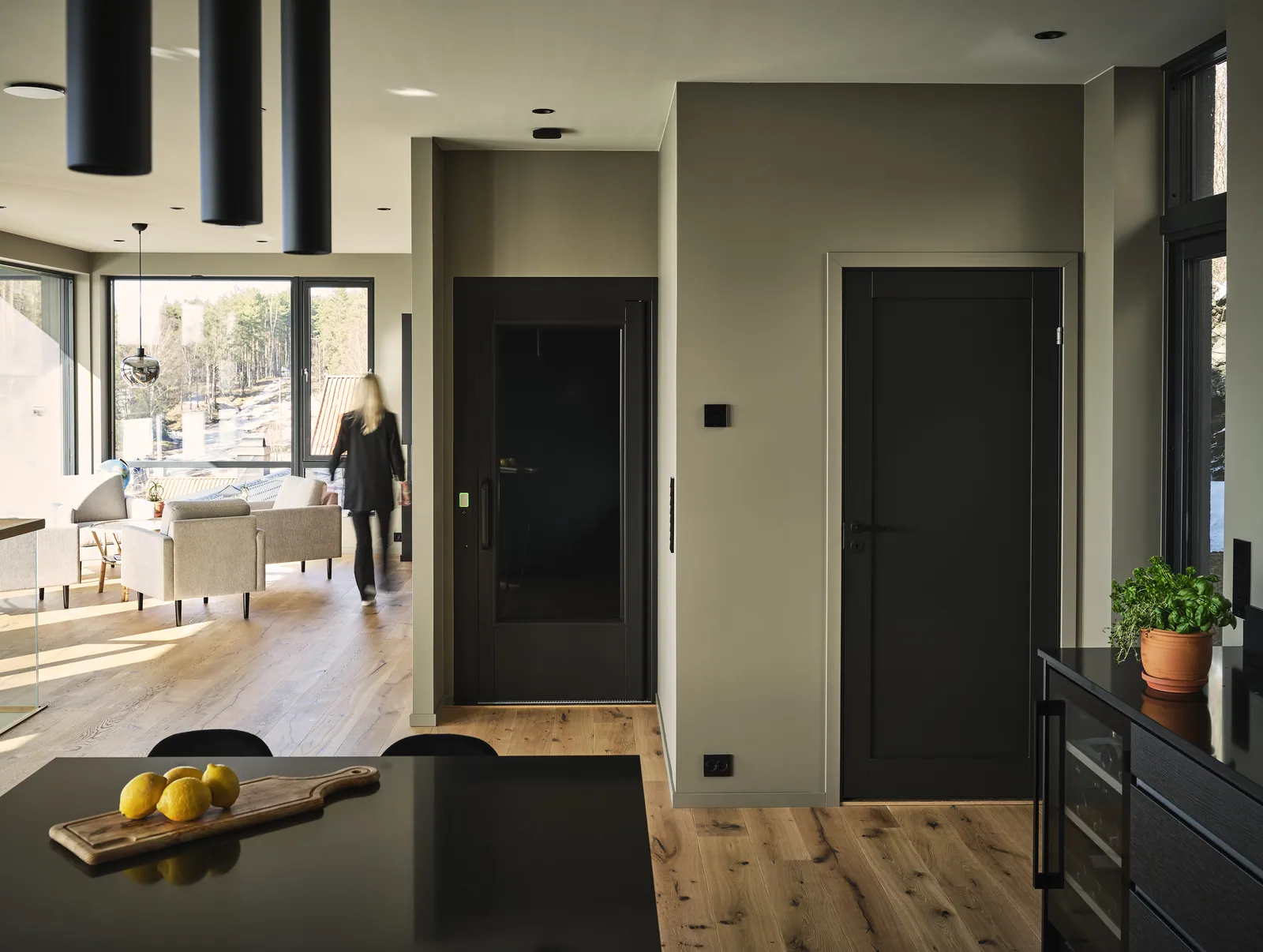 Ascensor Aritco HomeLift Access de paneles opacos en negro · Vivienda unifamiliar contemporánea con suelos de roble · vista general